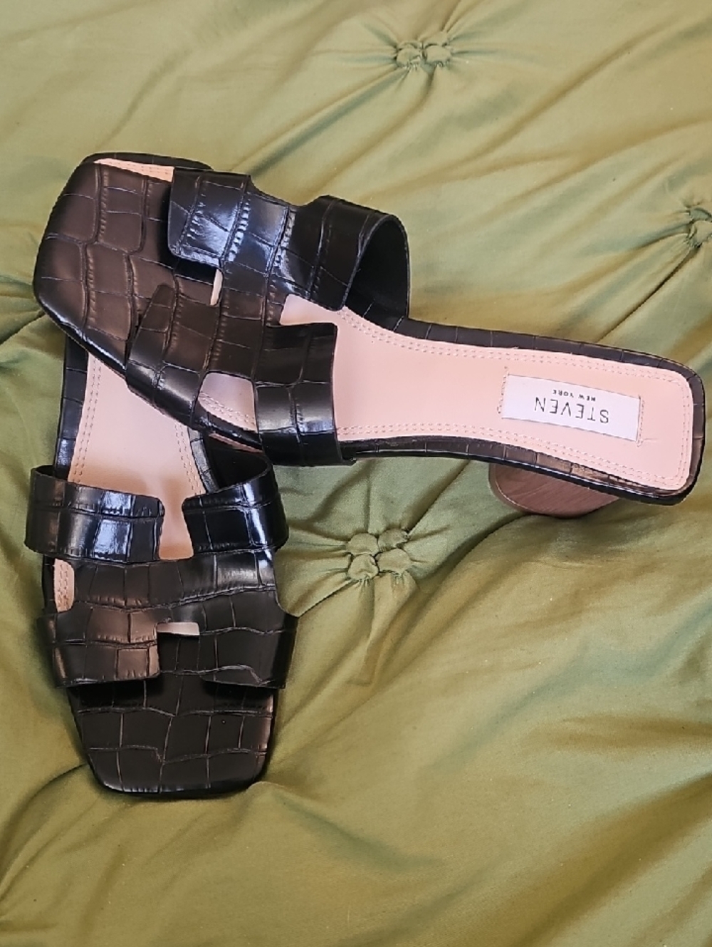 STEVEN NEW YORK..Black Croc-Embossed Slide Mules